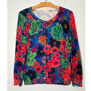Talbots Bright Floral Cardigan Sweater Large Petite Preppy Lightweight Cotton